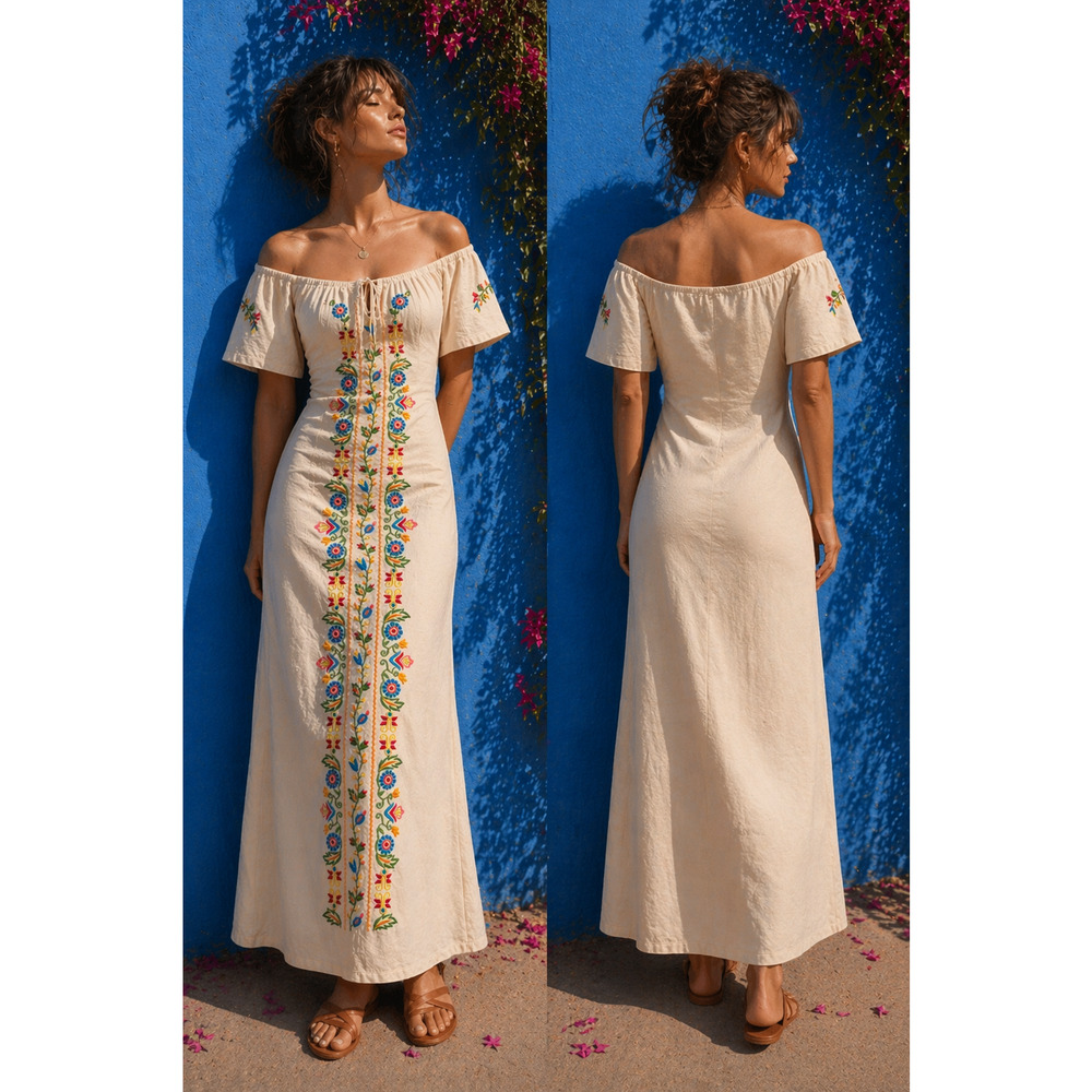 Vintage Mary Vi BARBADOS Floral Embroidered Maxi Dress Mexico Folk Cotton MINT M - Picture 14 of 15